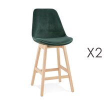 Lot de 2 chaises de bar H66 cm en tissu vert pieds naturels - ELO
