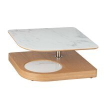 Table basse avec plateau pivotant aspect marbre blanc et pied en bois