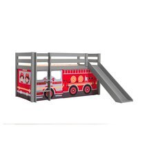 Lit surélevé avec toboggan gris décor camion de pompier - PINO