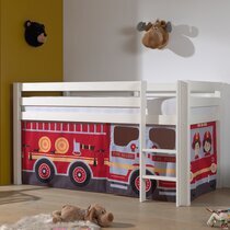 Lit surélevé avec échelle blanc décor camion de pompier - PINO