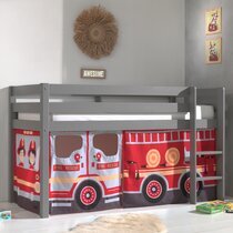 Lit surélevé avec échelle gris décor camion de pompier - PINO