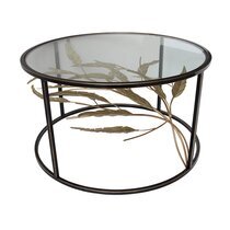 Table basse ronde 80 cm en métal noir décor feuilles dorées