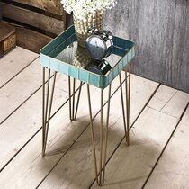 Table d'appoint carrée 35x56 cm en métal turquoise et doré