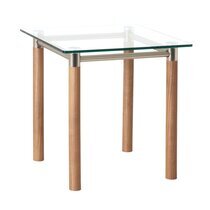 Table d'appoint carrée 42x43 cm avec plateau en verre et pieds marron