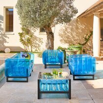 Salon de jardin design bleu avec cadre aluminium noir - YOMI