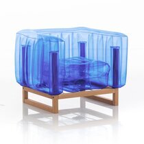 Fauteuil de jardin design bleu avec cadre bois - YOMI