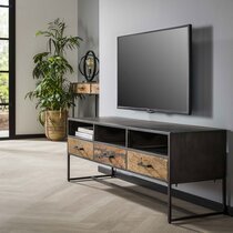 Meuble TV 3 tiroirs 150 cm en métal gris foncé et bois brut - ARIELL