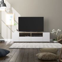 Meuble TV 4 portes 2 niches 138x42x36 cm en bois blanc et décor chêne