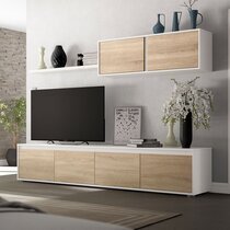 Ensemble meuble TV 4 portes 200 cm et étagères blanc et chêne - BORGO