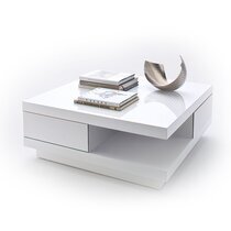 Table basse 2 tiroirs 85x85x30 cm décor blanc brillant