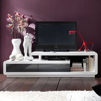 Meuble TV 2 tiroirs 170x40x45 cm décor blanc brillant et gris