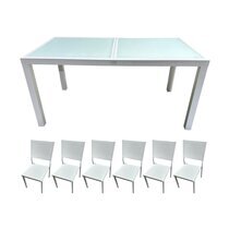 Ensemble table 160/240 cm + 6 chaises en aluminium blanc