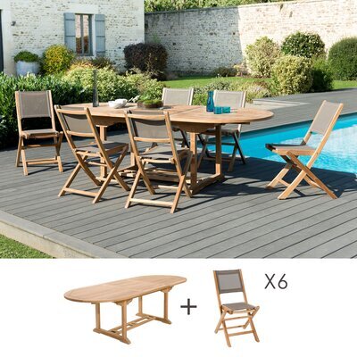 Ensemble table 180/240 cm + 6 chaises en teck et textilène - GARDENA