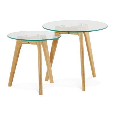 Lot de 2 tables gigognes rondes en verre et bois naturel - BALTIC