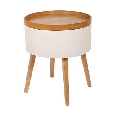 Table d'appoint ronde avec coffre 38x49 cm en bois blanc et naturel