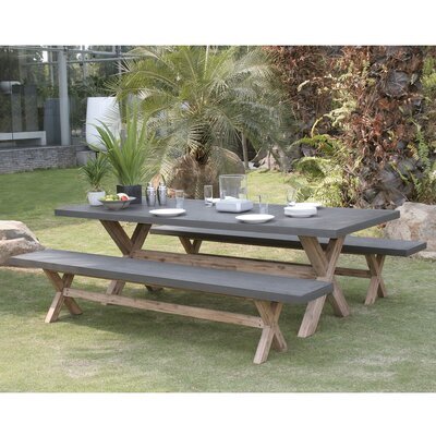 Ensemble table de jardin + 2 bancs en béton et pieds en acacia - BETTY