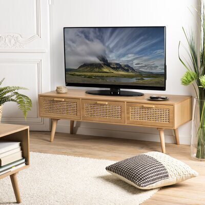 Meuble TV 3 tiroirs en rotin et bois naturel - MAGUY