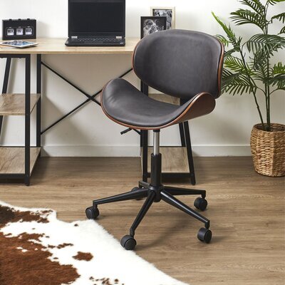 Chaise de bureau à roulettes en PU noir et bois marron
