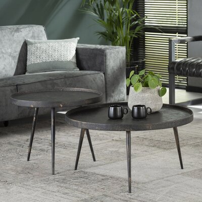 Lot de 2 tables basses rondes 76 et 58 cm en imitation acier gris foncé
