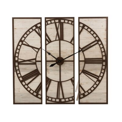 Horloge 3 parties 114 cm avec chiffres romains en bois blanchi et marron