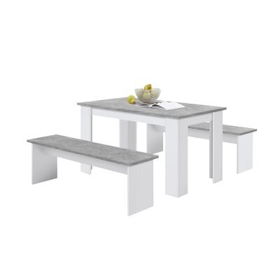 Ensemble table à manger avec 2 bancs gris béton et blanc