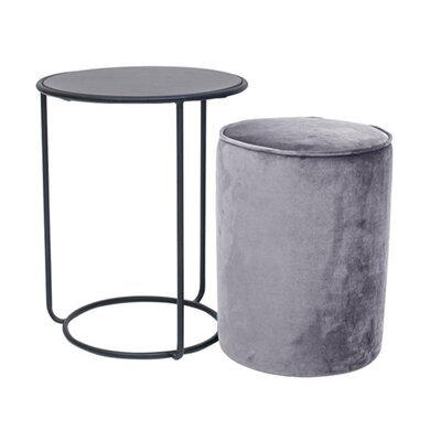 Ensemble table et pouf en velours et métal gris