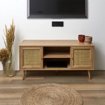 Meuble TV 2 portes 115x39x56,5 cm en bois et cannage naturel - HURY