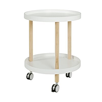 Table d'appoint ronde à roulettes 50x60 cm blanc et naturel