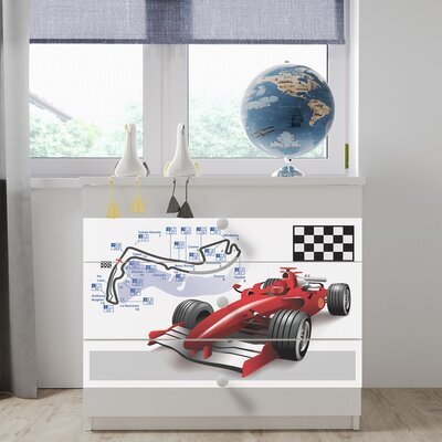 Commode 3 tiroirs blanche avec décor voiture de F1 - HEROS