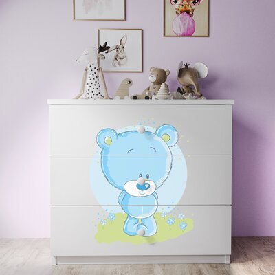 Commode 3 tiroirs blanche avec décor ours bleu - HEROS