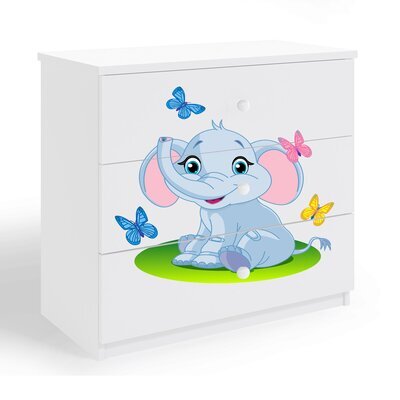 Commode 3 tiroirs blanche avec décor éléphant - HEROS