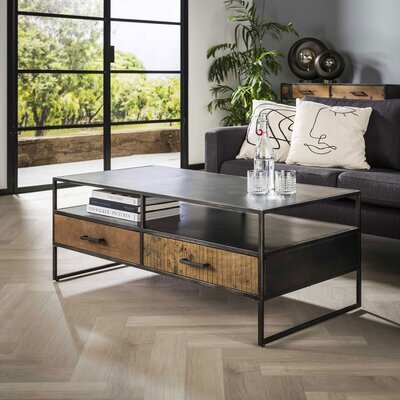 Table basse 2 tiroirs 125 cm en métal gris foncé et bois brut - ARIELL