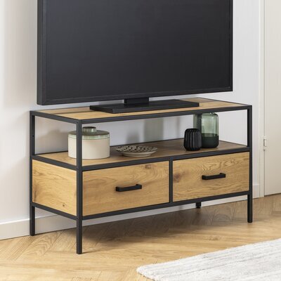 Meuble TV 2 portes 90x35x50 cm décor chêne et noir - FYNCA
