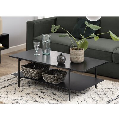 Table basse double plateau 115x60x40 cm en frêne et métal noir - JAYSI