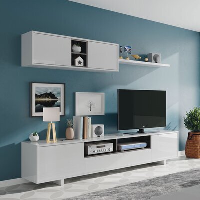 Meuble TV 200x42x46 cm avec meuble mural et étagère blanc