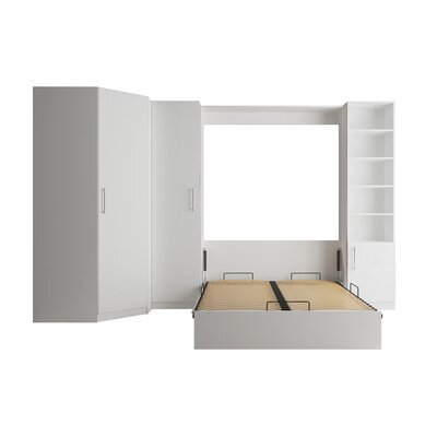 Lit escamotable 140x200 cm blanc + étagère + 2 armoires - NEYRAS