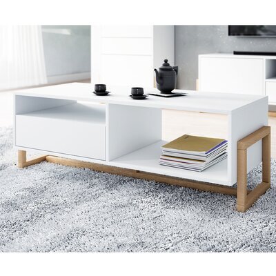 Table basse 1 tiroir 2 niches 119x41,3x50 cm blanc et naturel - SLUNT