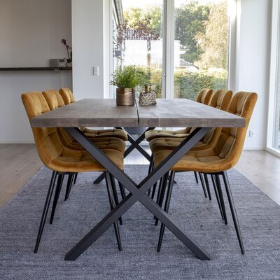 Ensemble table repas 200cm marron et 6 chaises tissu moutarde - GELLER