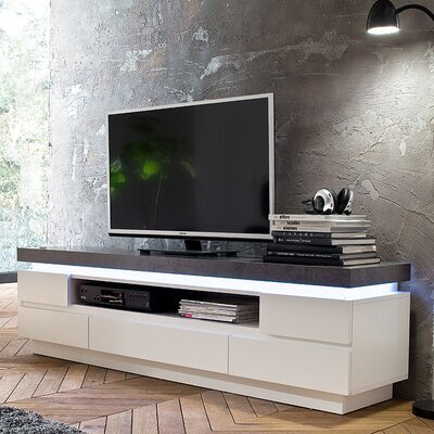 Meuble TV 5 tiroirs avec LED décor blanc mat et béton - TYGO
