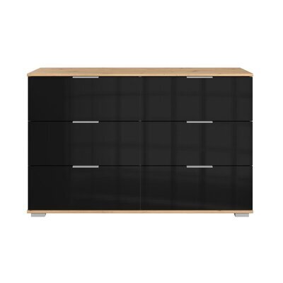 Commode 6 tiroirs 130x41x83 cm noir brillant et chêne - GHAO