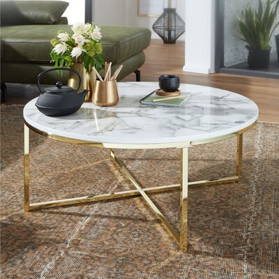 Table basse ronde 80x80x36 cm aspect marbre blanc et acier doré