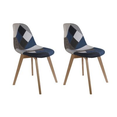 Lot de 2 chaises repas 55,5x41x85 cm en patchwork bleu et pieds naturel