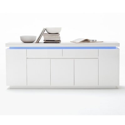 Buffet 2 portes 4 tiroirs blanc brillant avec LED multicolore - TYGO