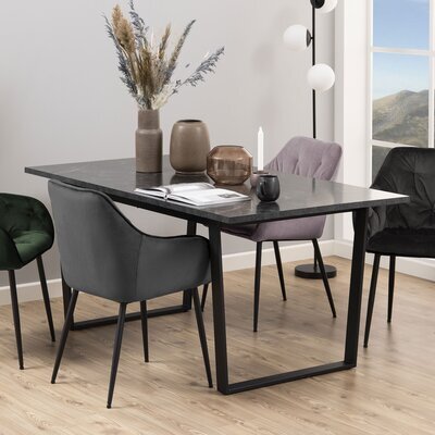 Table à manger 160x90x74 cm plateau aspect marbre noir et métal noir
