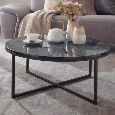 Table basse ronde 80x80x36 cm aspect marbre et métal noir
