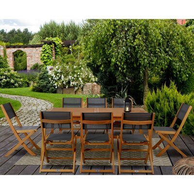 Table de jardin 180/240 cm et 8 chaises en eucalyptus et textilène