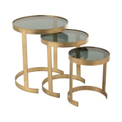 Lot de 3 tables gigognes 45, 38 et 30 cm en verre noir et fer bronze