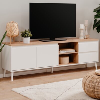 Meuble TV 2 porte 2 tiroirs 186x36x59 cm blanc et naturel