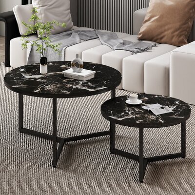 Lot de 2 tables basses rondes 70 et 50 cm noir aspect marbre - THAOS
