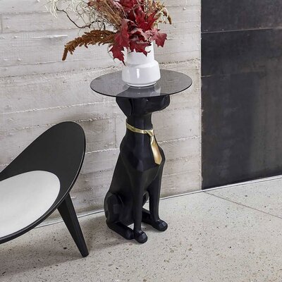 Table d'appoint chien 15x18x66 cm en verre et polyrésine noir et doré